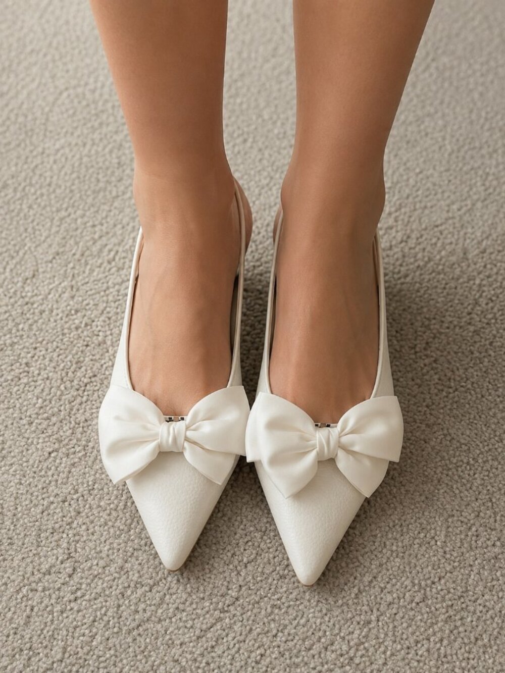 White Slingback Bow Kitten-Heel Pumps